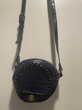 Christian Lacroix Navy Croc-Embossed Faux Leather Round Crossbody